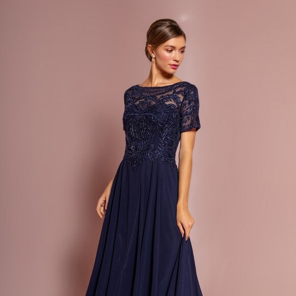 NEW LONG CHIFFON A-LINE DRESS WITH CAP SLEEVES EMBROIDERED WITH LACE GL2683 - Picture 6 of 12